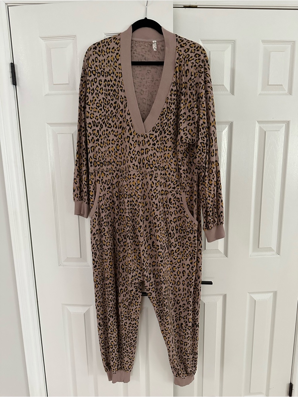 Free People Taupe Leopard Print V-Neck Jumpsuit
